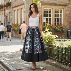 vintage CHESSA DAVIS Black Patchwork A-Line Skirt with Floral and Checkered